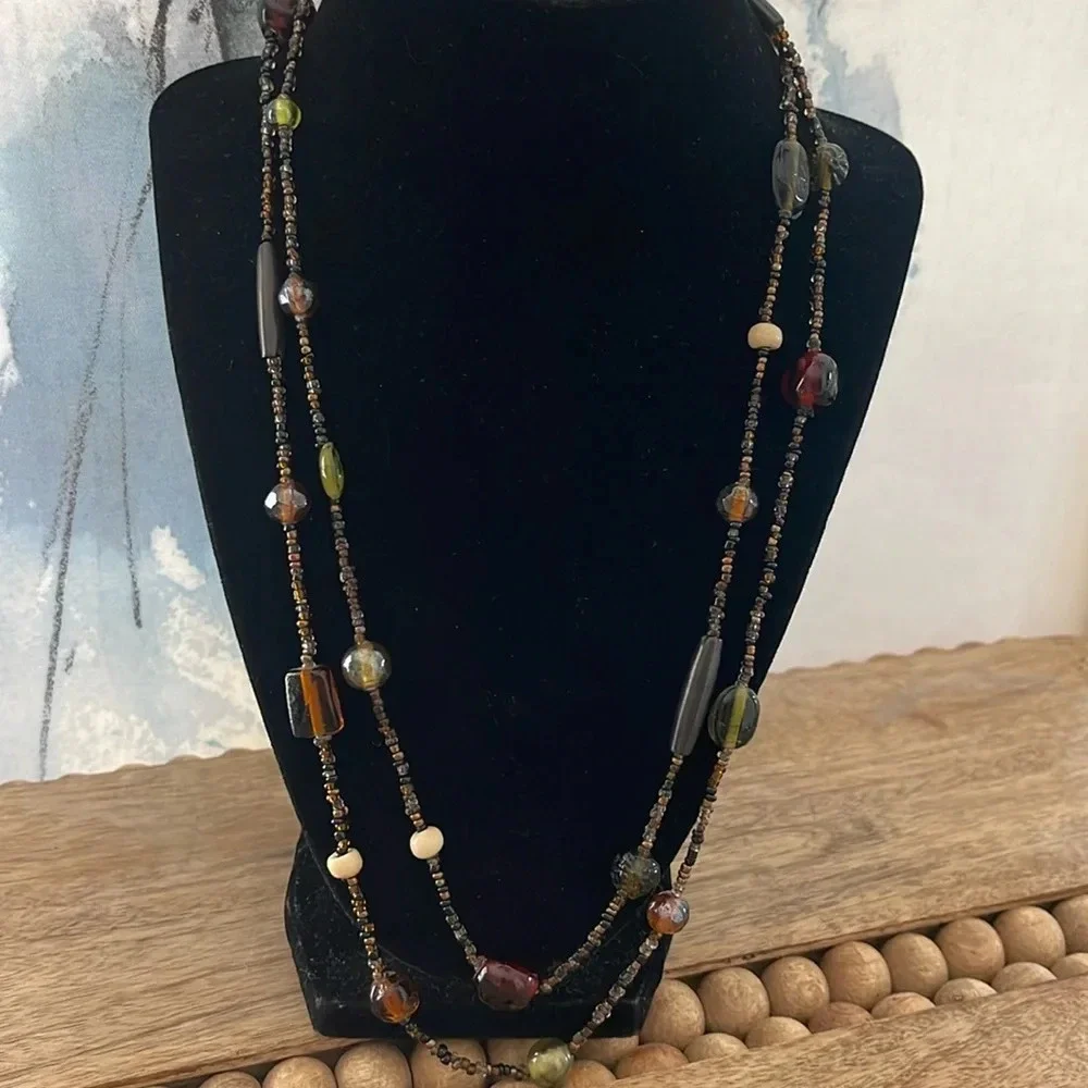 Beaded long necklace glass brown green tan  boho casual